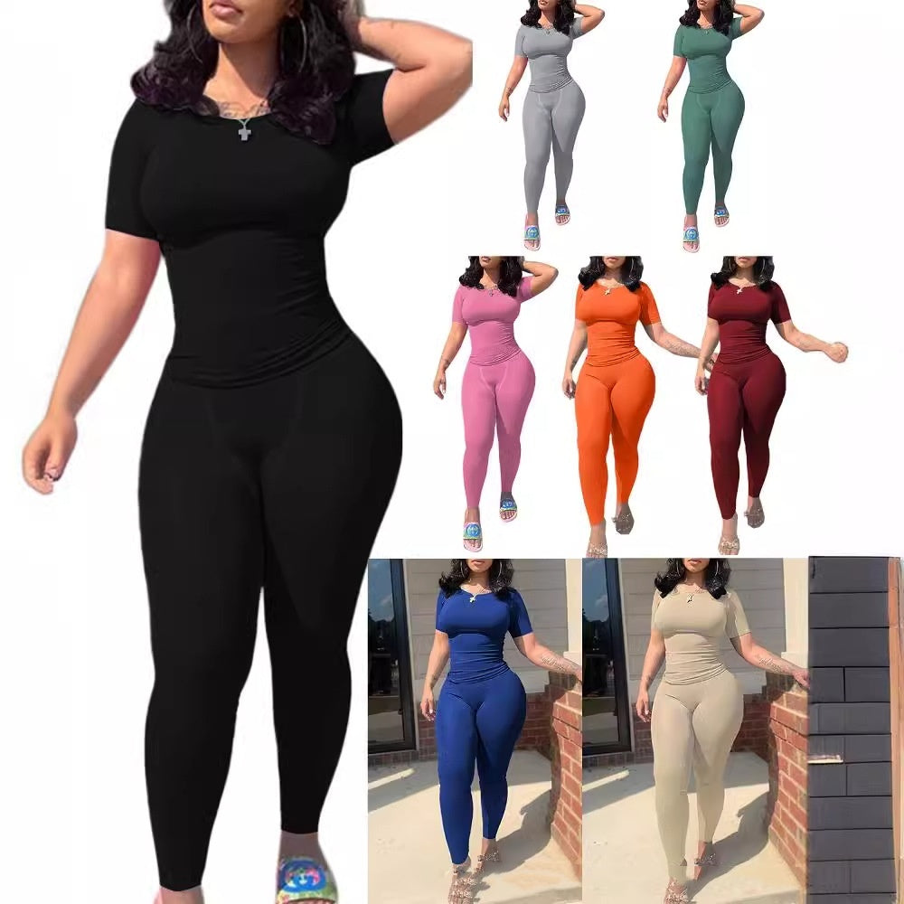 Women's Solid Color Short-sleeved Tight Trousers Suit