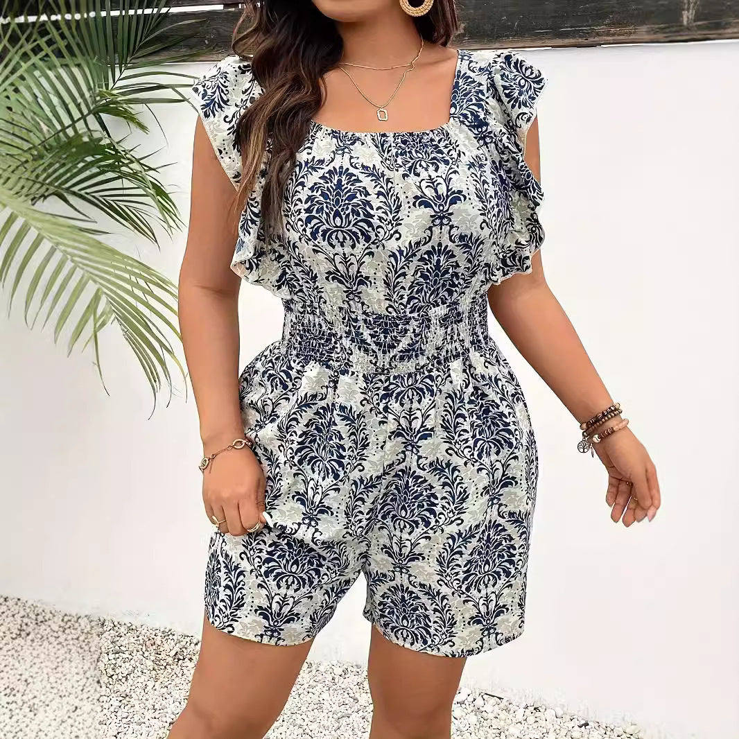 Plus Size Printed Sleeveless Smocking Fitted Waist Backless Vacation Style Jumpsuit