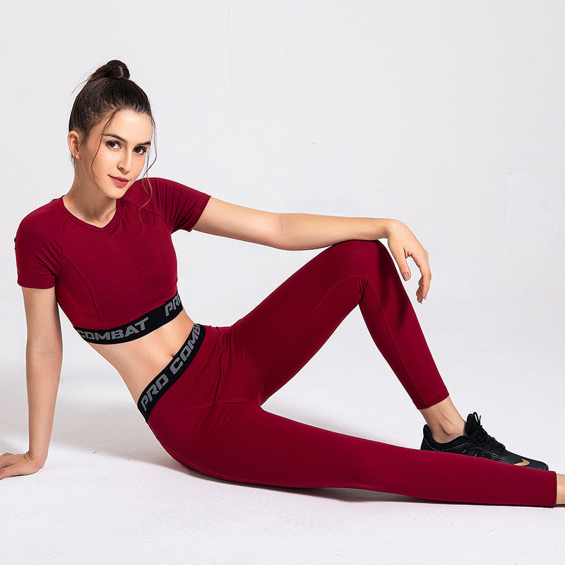Yoga Clothing Tights Set Amazon Hot Style Quick-Drying Yoga Tops Solid Color Hip-Lifting Sports Tights