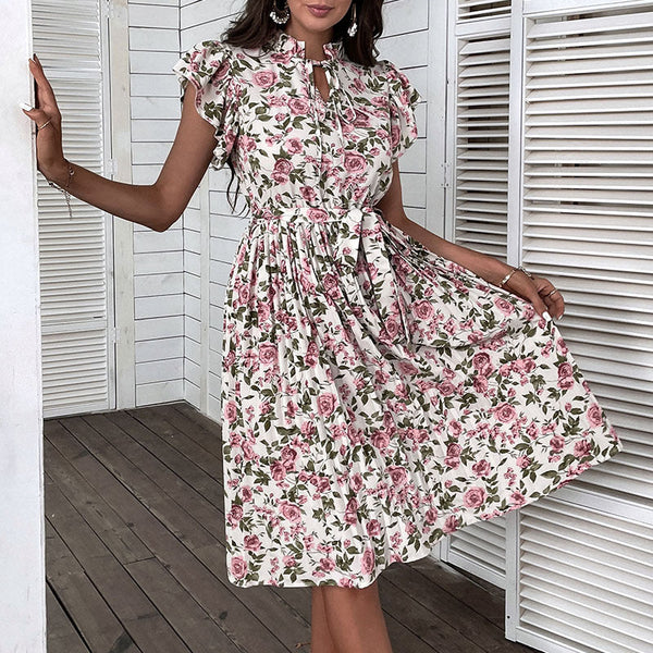 European And American Pleated Skirt Floral Ruffle Sleeve Lace-up Dress
