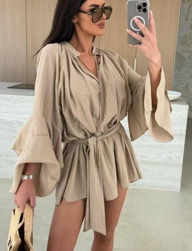 Women's Lace-up Ruffle Sleeve V-neck Irregular Dress