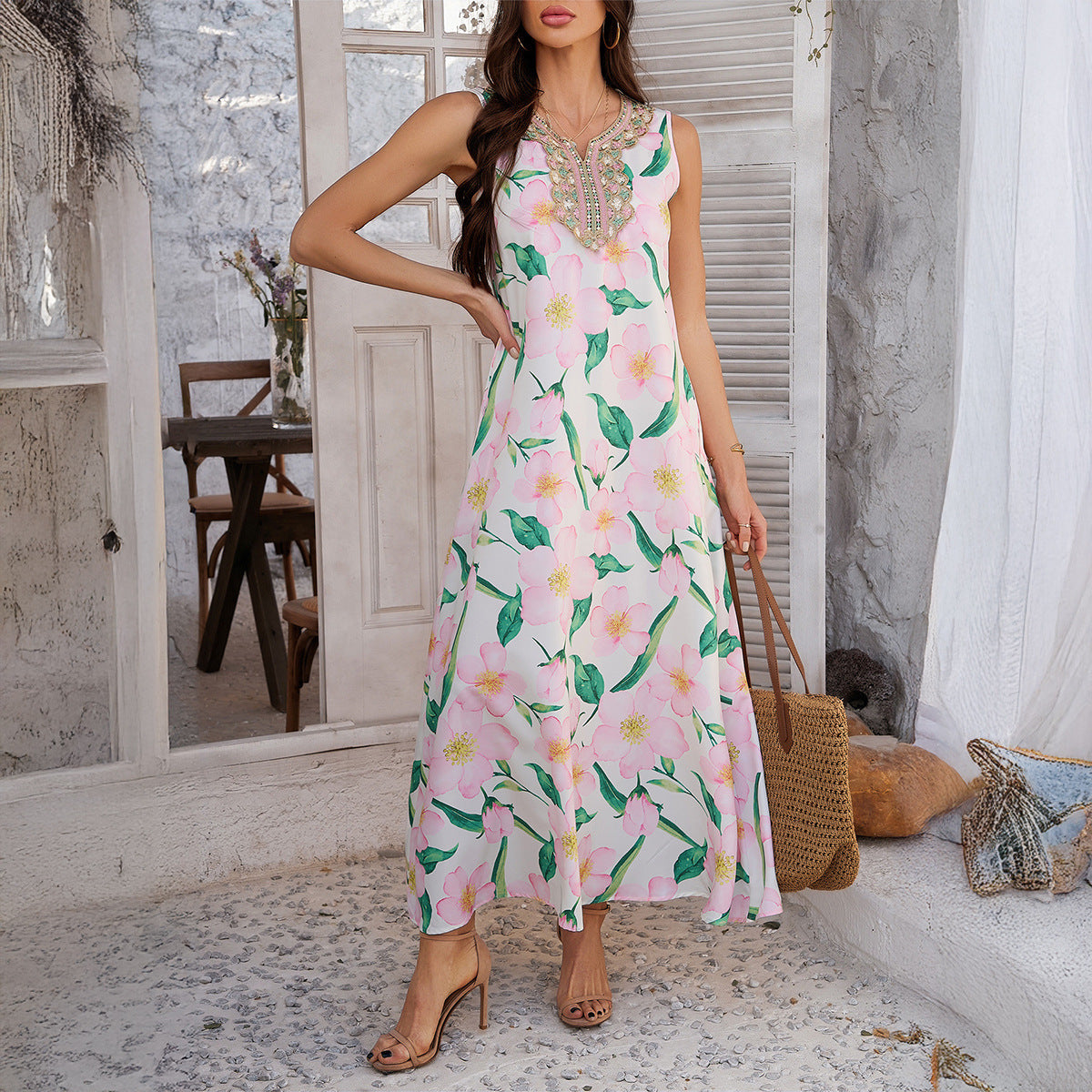 Printed Contrast Color Vacation Sleeveless A- Line Dress Women's Clothing