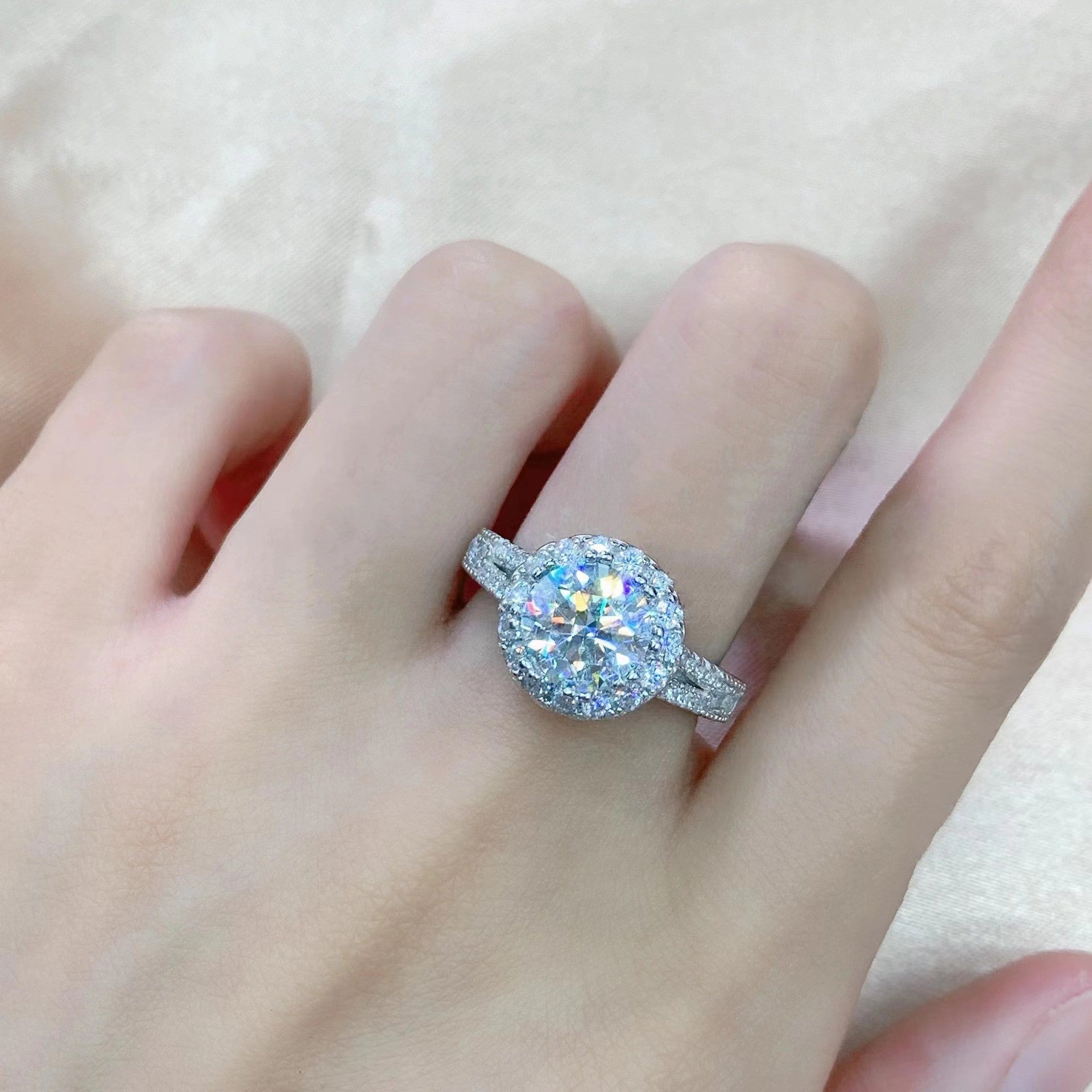 Sterling Silver S925 Moissanite Luxury Y Wall Inlaid Round Bag Ring