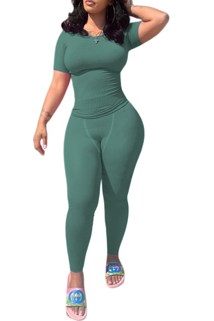 Women's Solid Color Short-sleeved Tight Trousers Suit