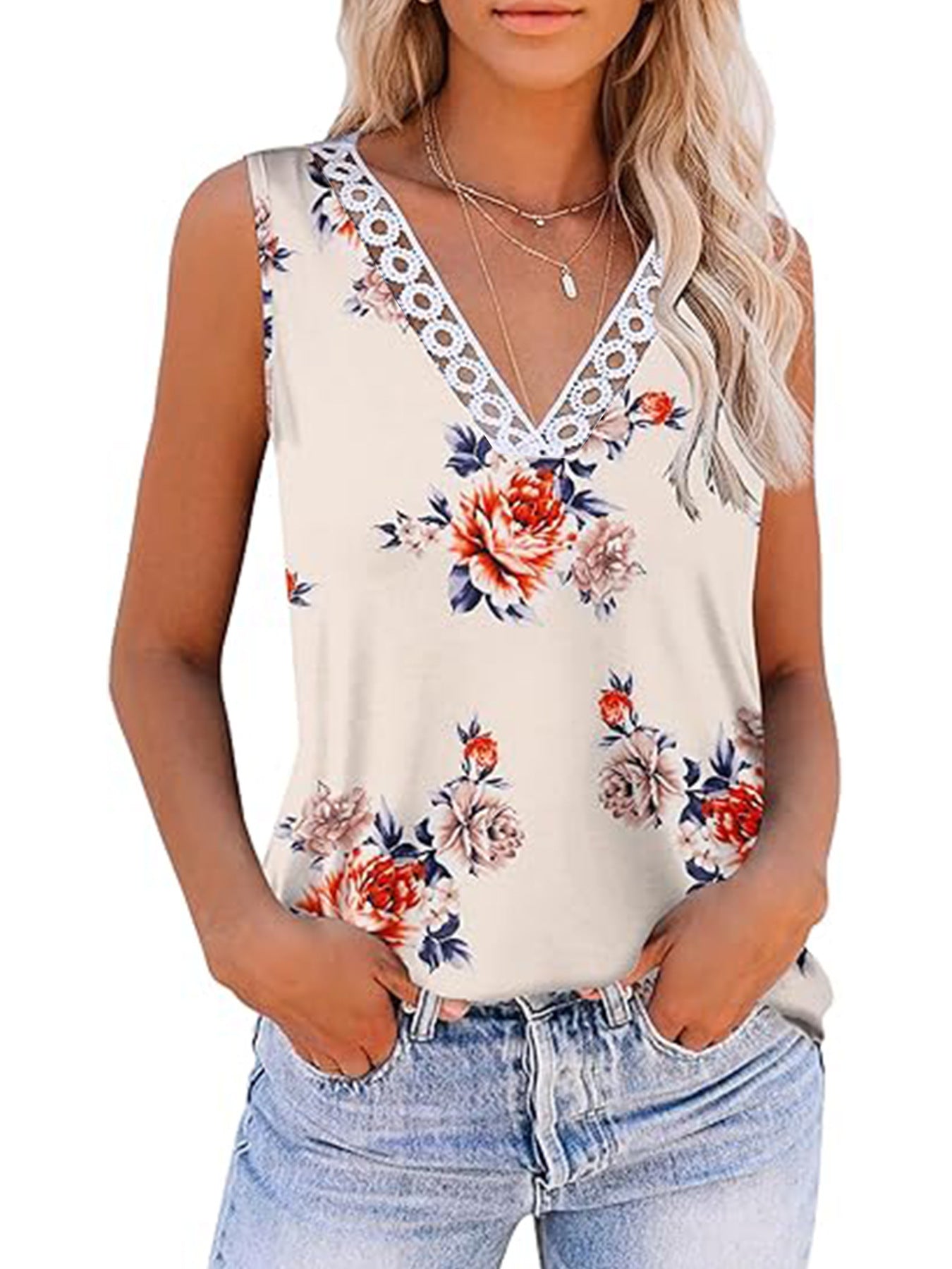 Women's Positioning Printed V-neck Lace Vest
