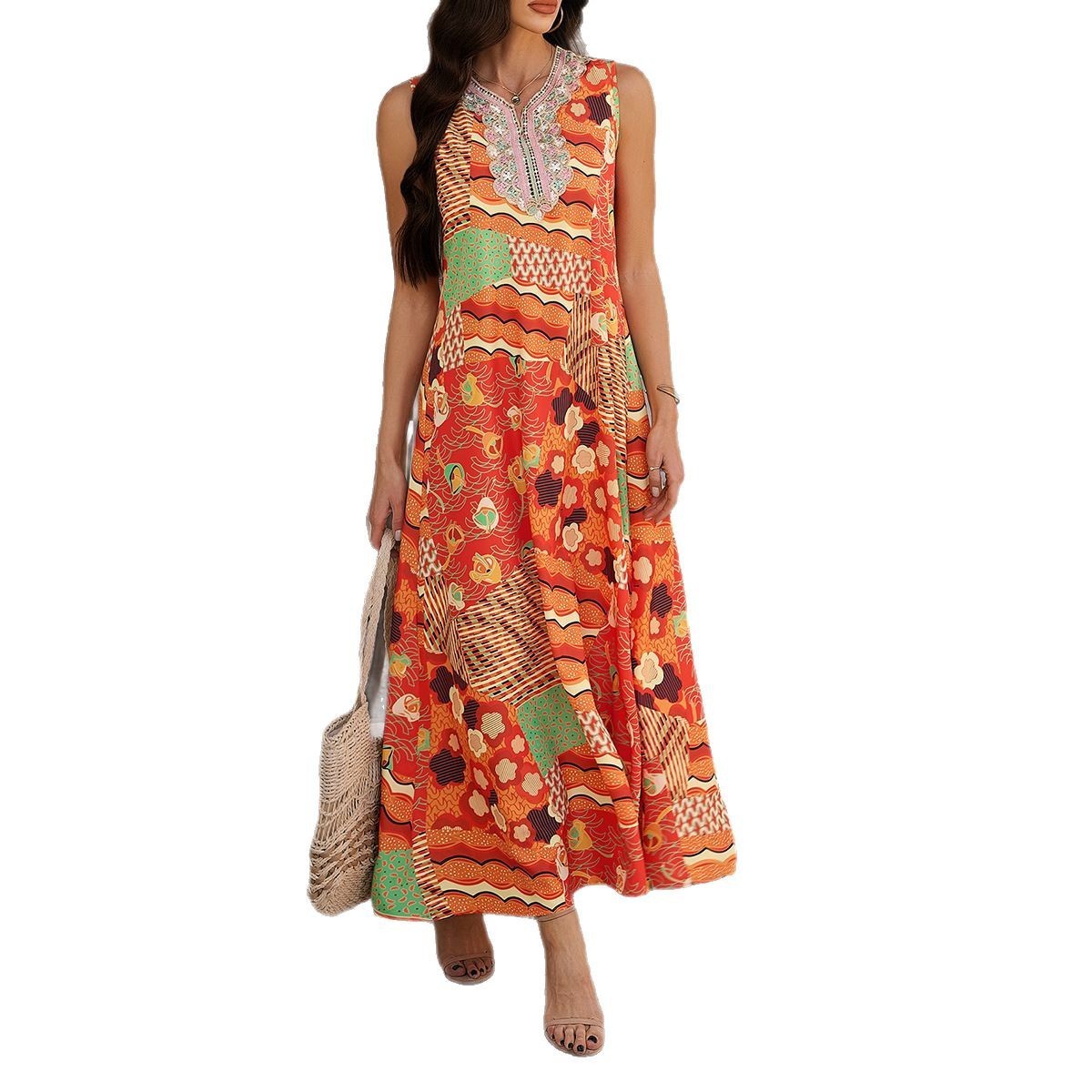 Printed Contrast Color Vacation Sleeveless A- Line Dress Women's Clothing