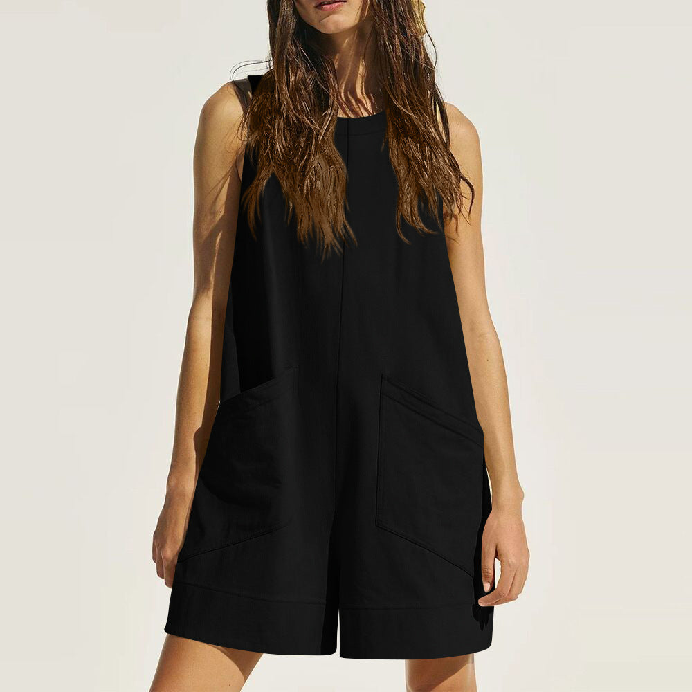 Women Sleeveless Vest Large Pocket Casual Jumpsuit