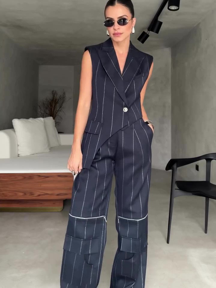 Striped Irregular Hem Top Pocket Zipper Wide Leg Pants Suit