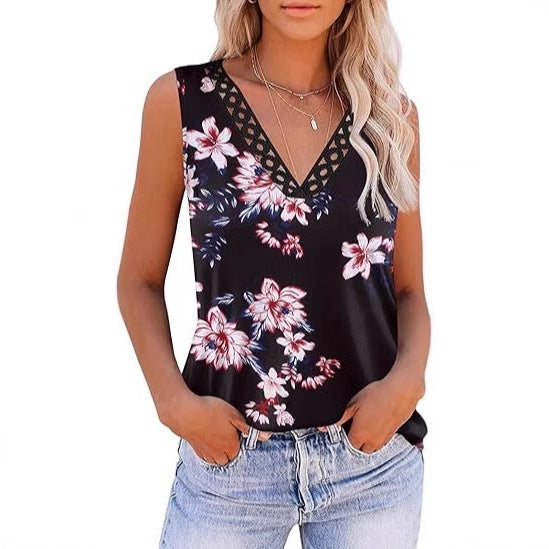 Women's Positioning Printed V-neck Lace Vest