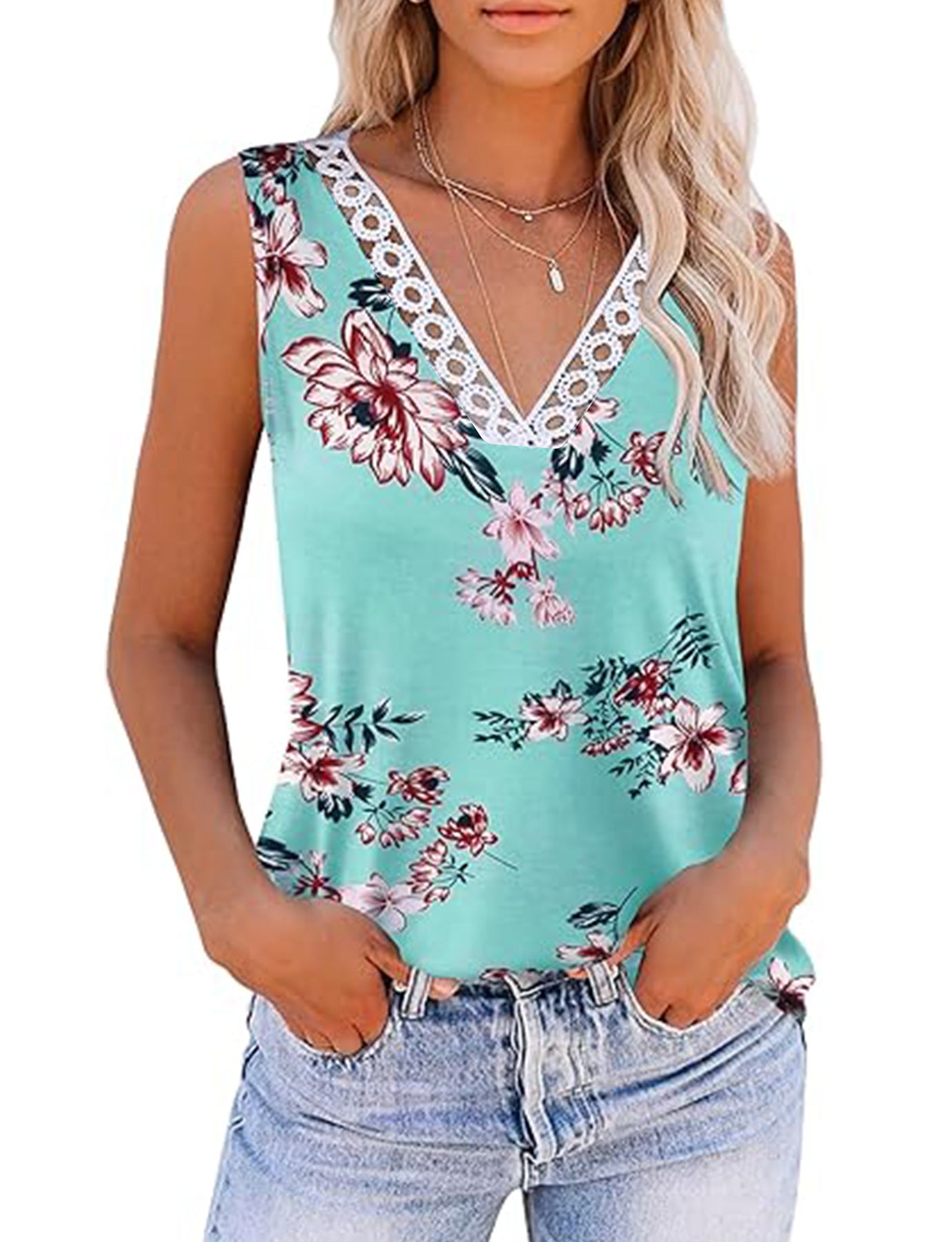 Women's Positioning Printed V-neck Lace Vest