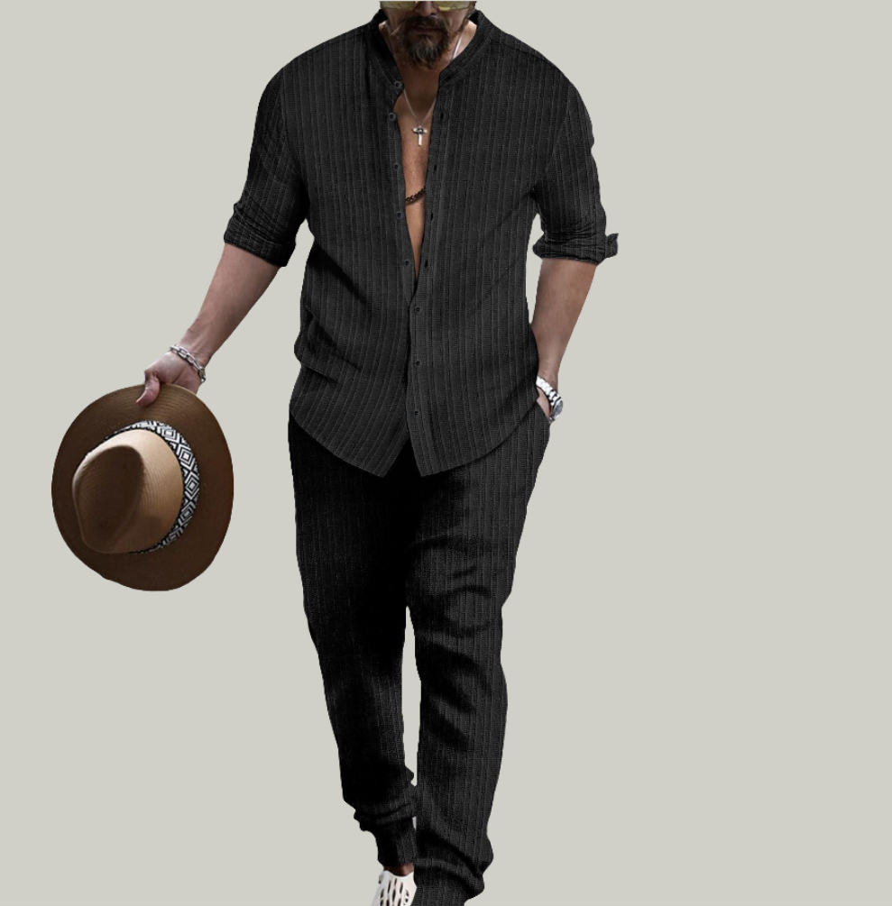 Men's Striped Hengli Collar Shirt Trousers