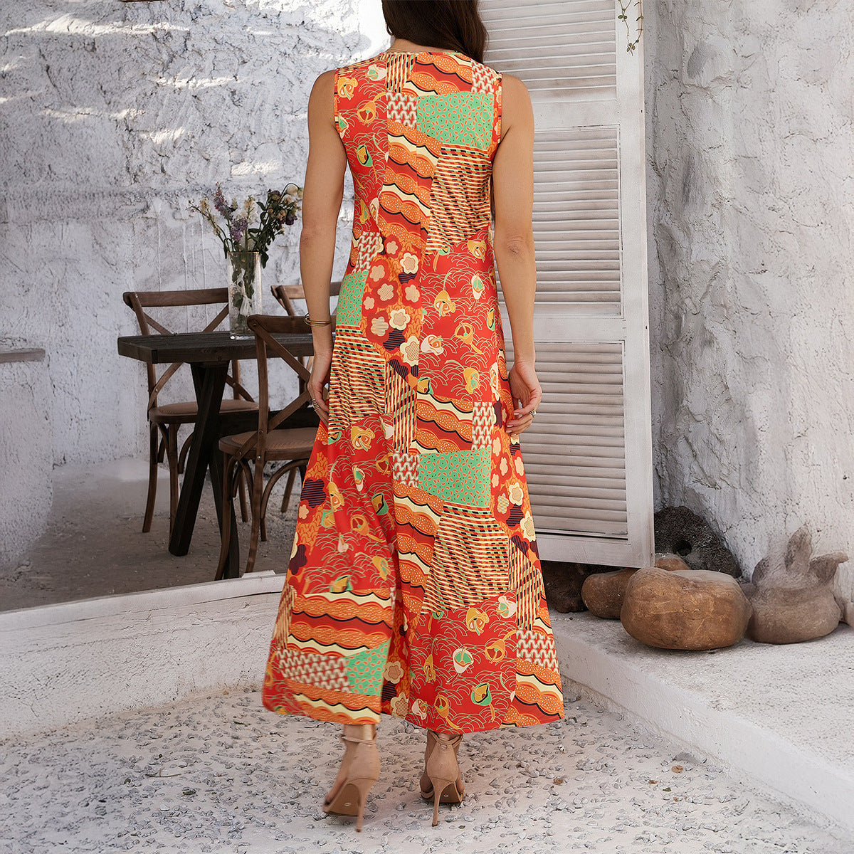 Printed Contrast Color Vacation Sleeveless A- Line Dress Women's Clothing