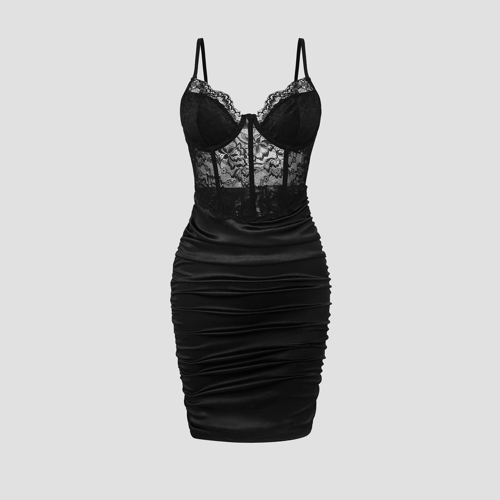 Advanced Satin Lace Fishbone Stitching See-through Hip Spaghetti Straps Dress