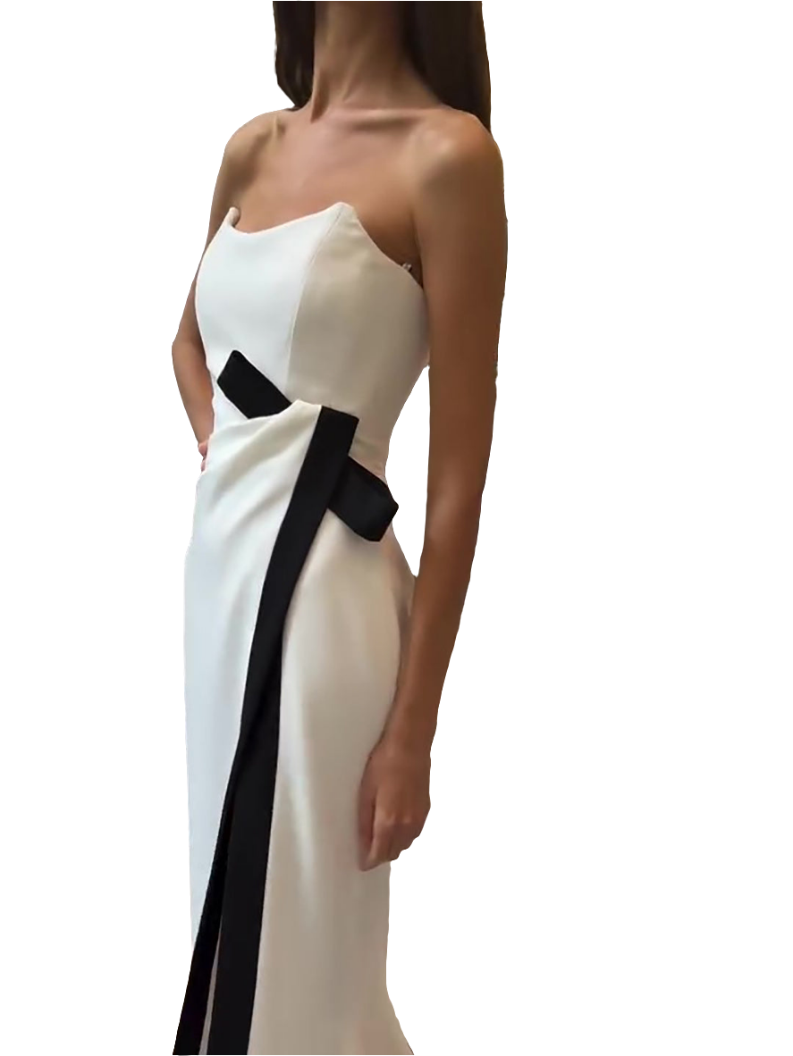 Strapless Black And White Contrasting Slit Dress