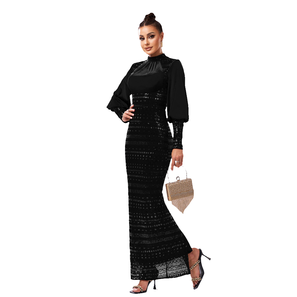 Long Sleeve Round Neck Sequins Slit Evening Dress
