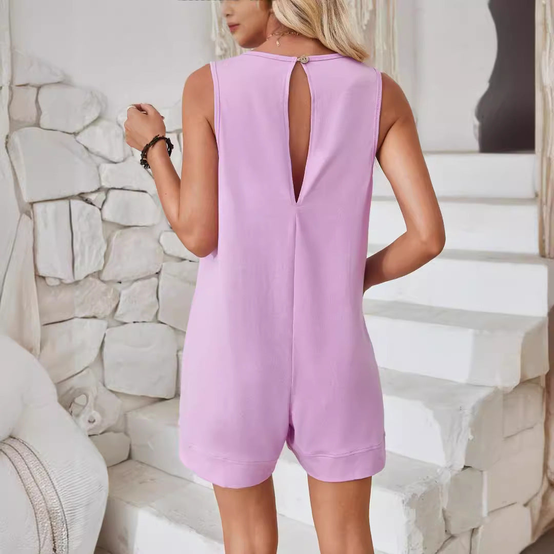 Women Sleeveless Vest Large Pocket Casual Jumpsuit