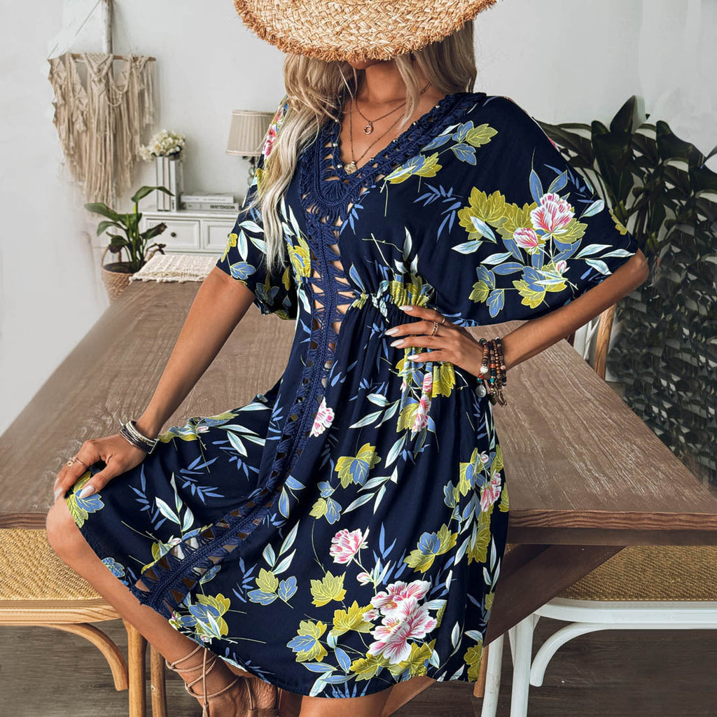 Printing Hand Crochet Bead Stitching Cailco Dress