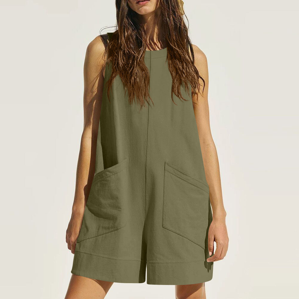 Women Sleeveless Vest Large Pocket Casual Jumpsuit