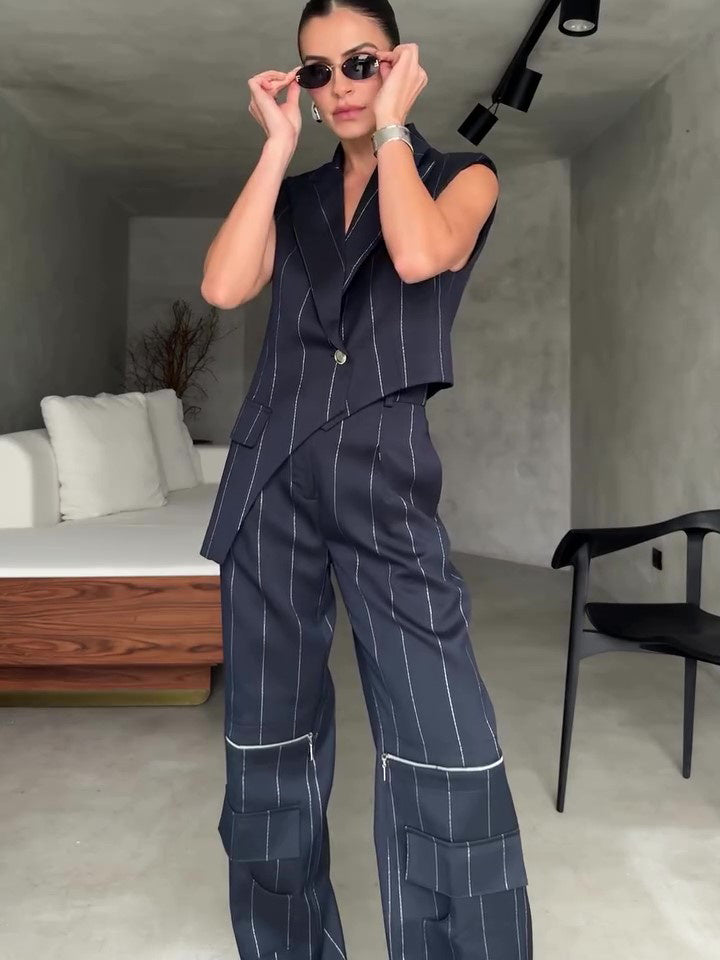Striped Irregular Hem Top Pocket Zipper Wide Leg Pants Suit