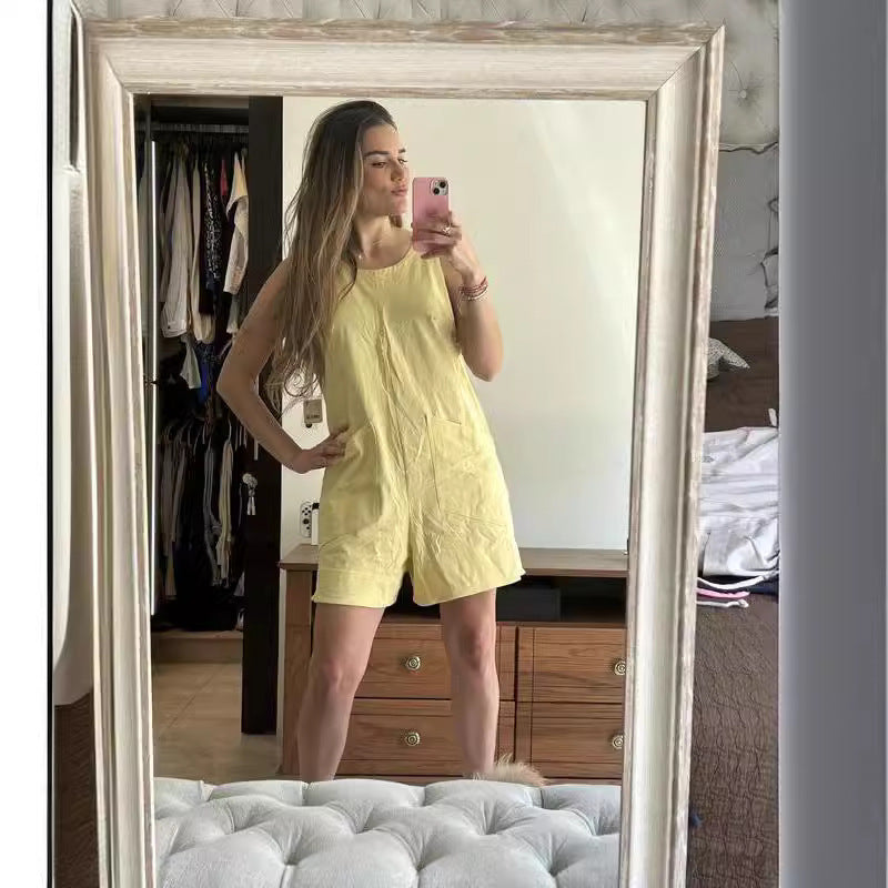 Women Sleeveless Vest Large Pocket Casual Jumpsuit