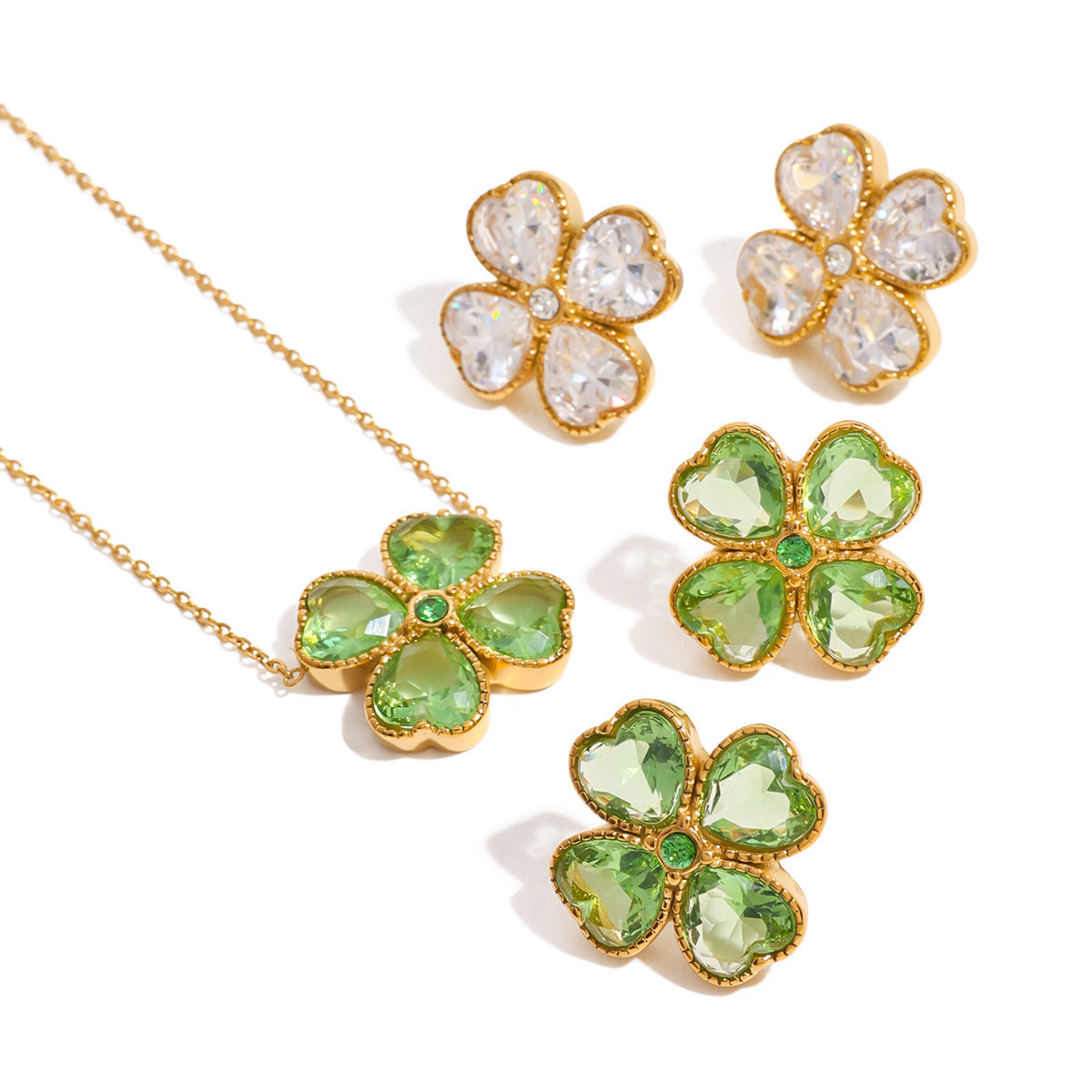 Stainless Steel Zircon Four-leaf Clover Heart Necklace Jewelry