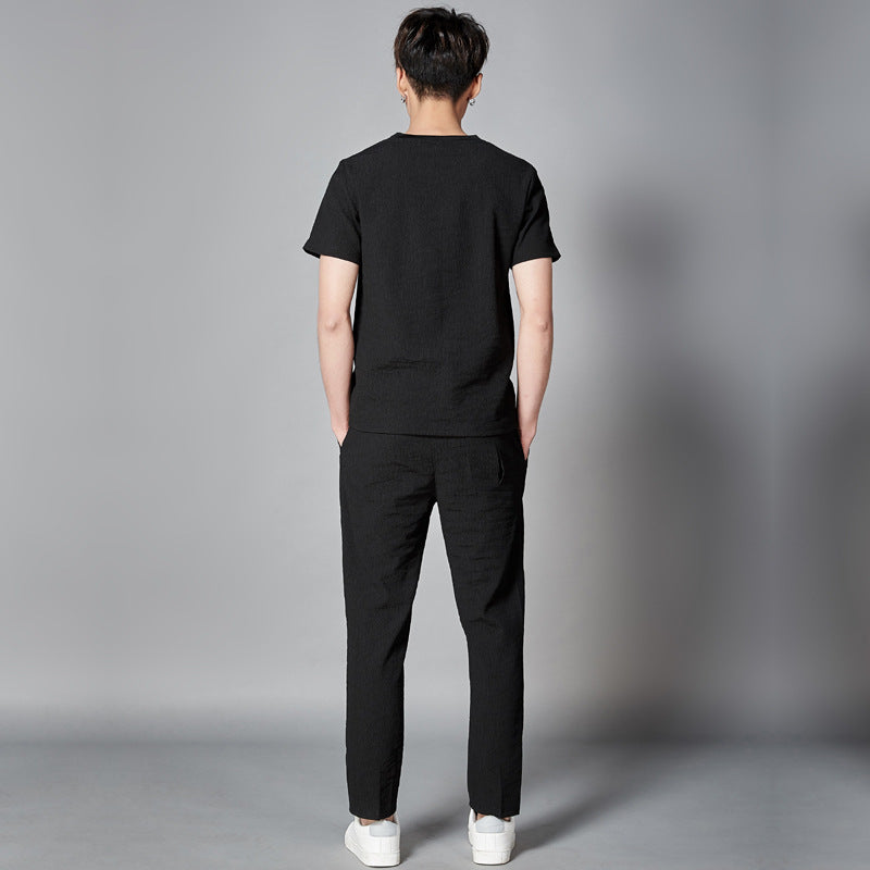 Spring And Summer New Men's Casual Suit Short-sleeved T-shirt Trousers Two-piece Solid Color Sports And Leisure Suit