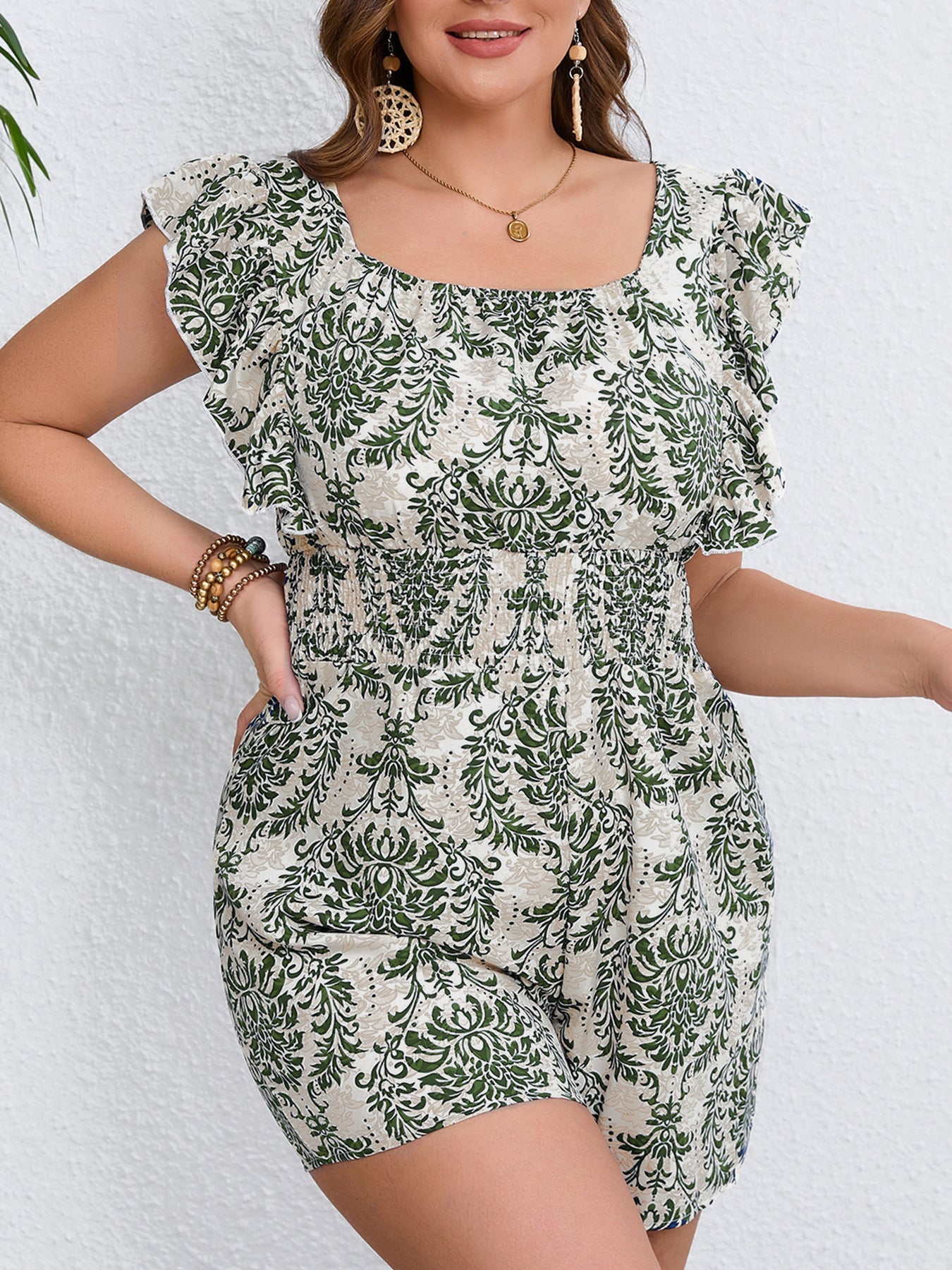 Plus Size Printed Sleeveless Smocking Fitted Waist Backless Vacation Style Jumpsuit